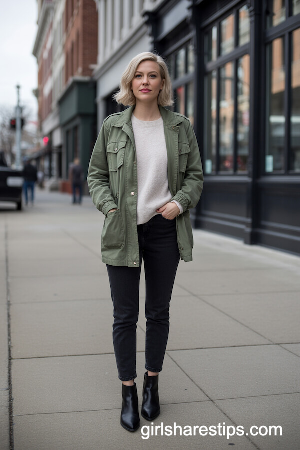 Olive Green Utility Jacket Black Jeans