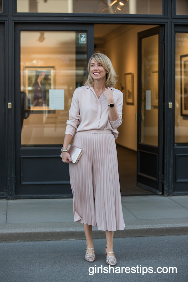 Pale Pink Blouse Pleated Midi Skirt