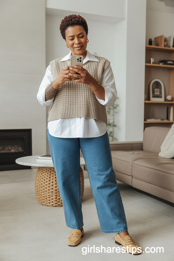 Beige Knitted Vest and Blue Jeans