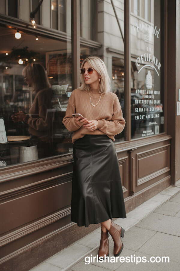Tan Knit Sweater and Leather Skirt