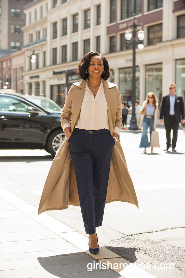 Camel Trench Coat and Navy Pants