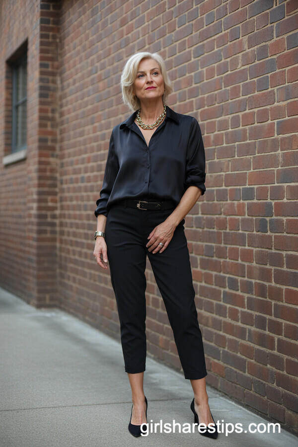 Black Silk Top and Ankle-Length Pants