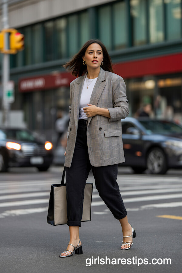Grey Plaid Blazer and Cropped Trousers
