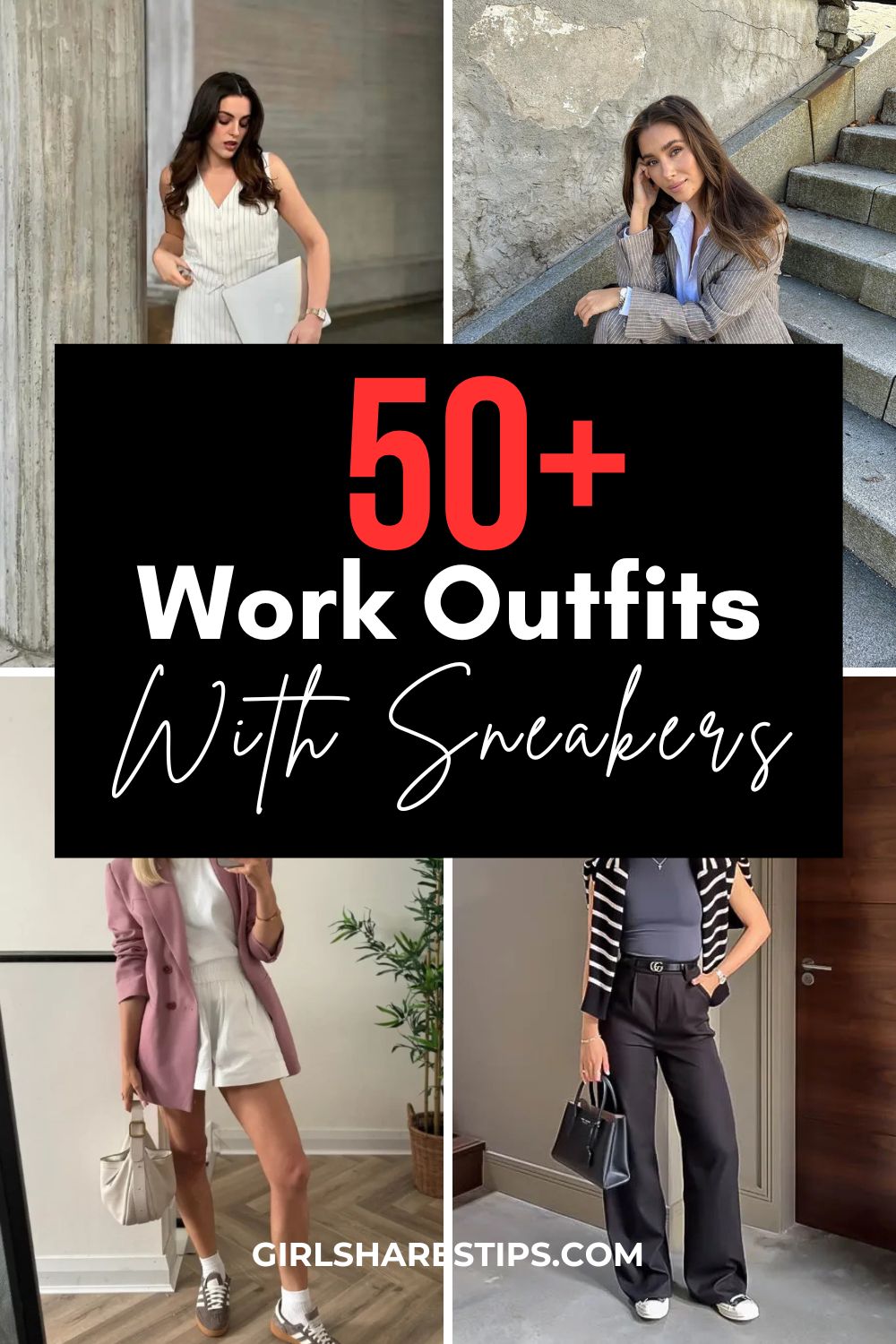 business casual work outfit ideas with sneakers for women collage