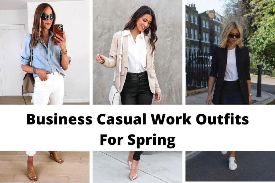 collage of business casual work outfits for spring
