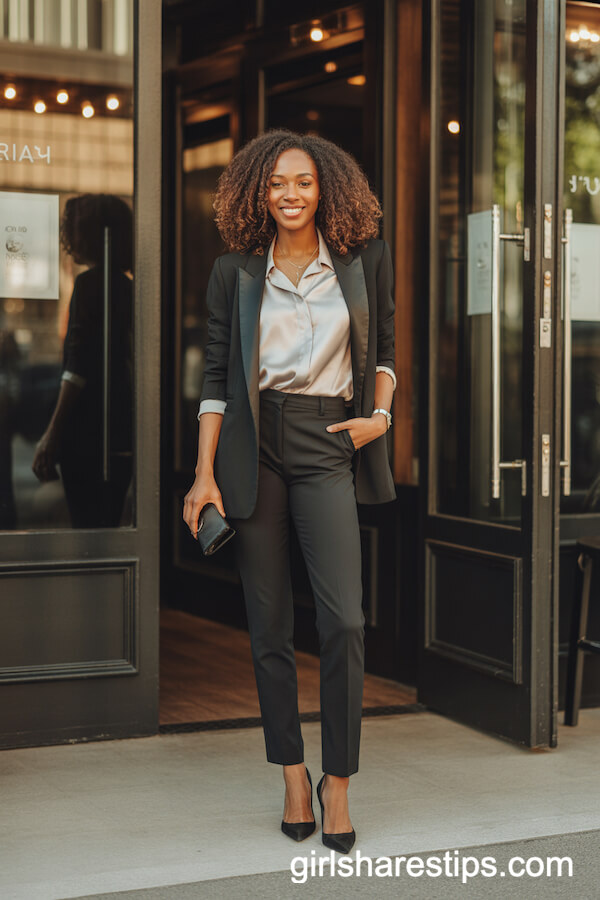 Black Blazer & Trousers with Silk Blouse