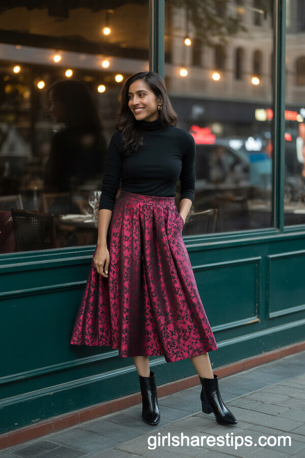 Printed A-Line Skirt & Black Turtleneck