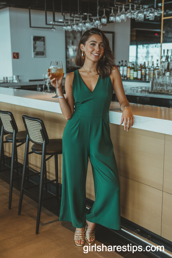 Green Jumpsuit with Hoop Earrings