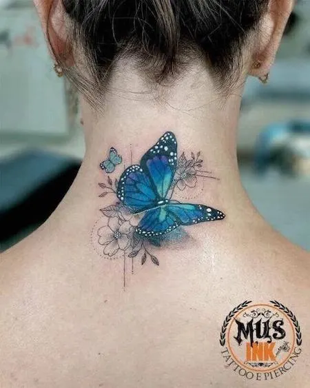 Blue butterfly neck tattoo