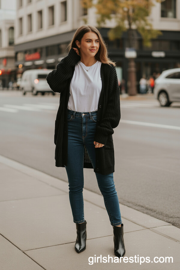 Classic Black Knit Cardigan with White Tee and Skinny Jeans