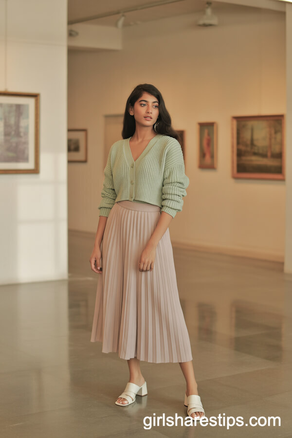 Soft Mint Green Cardigan with Blush Pink Skirt