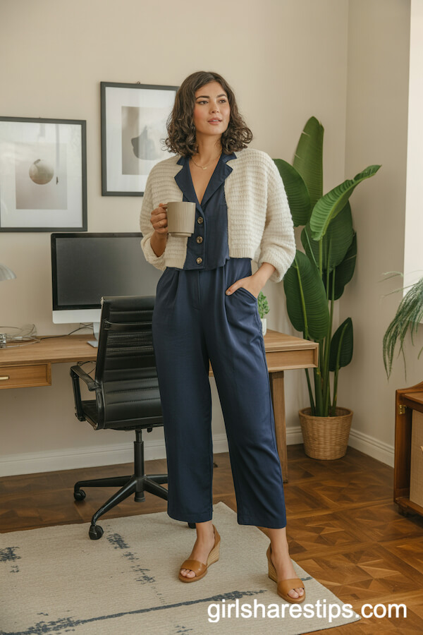 Cropped Textured Cardigan with Navy Jumpsuit
