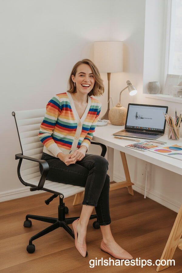 Rainbow Striped Cardigan with Classic Black Jeans