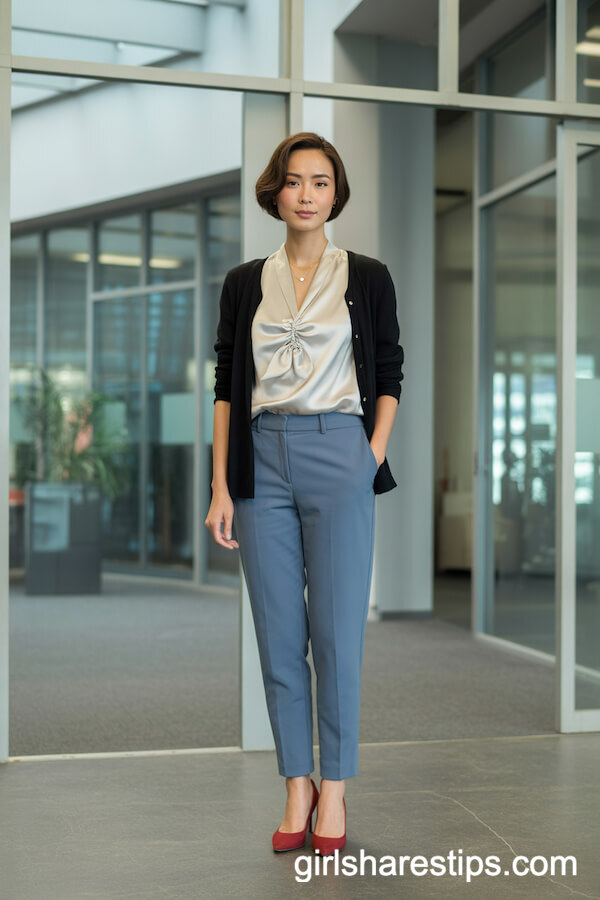 Black Cardigan with Silk Blouse and Tailored Trousers