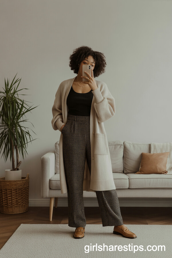 Cream Collarless Cardigan with Printed Wide-Leg Pants