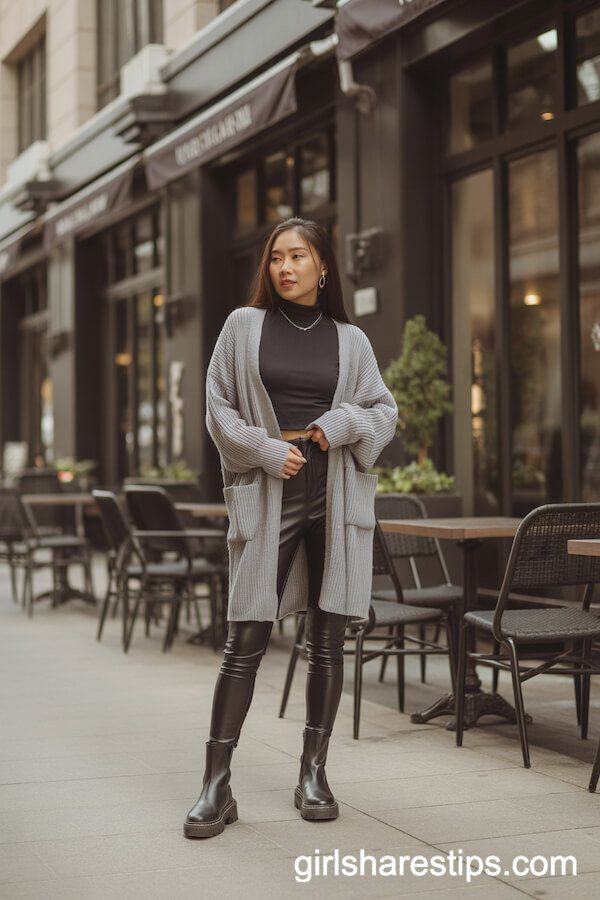 Soft Grey Open Cardigan with Faux Leather Leggings