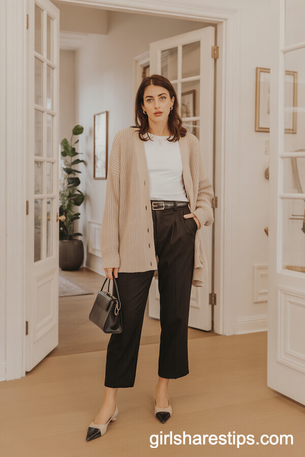 Cream Cardigan with White Tee and Cropped Dress Pants