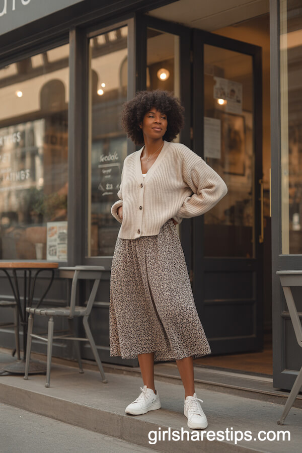 Chunky Cream Cardigan with Floral Midi Skirt