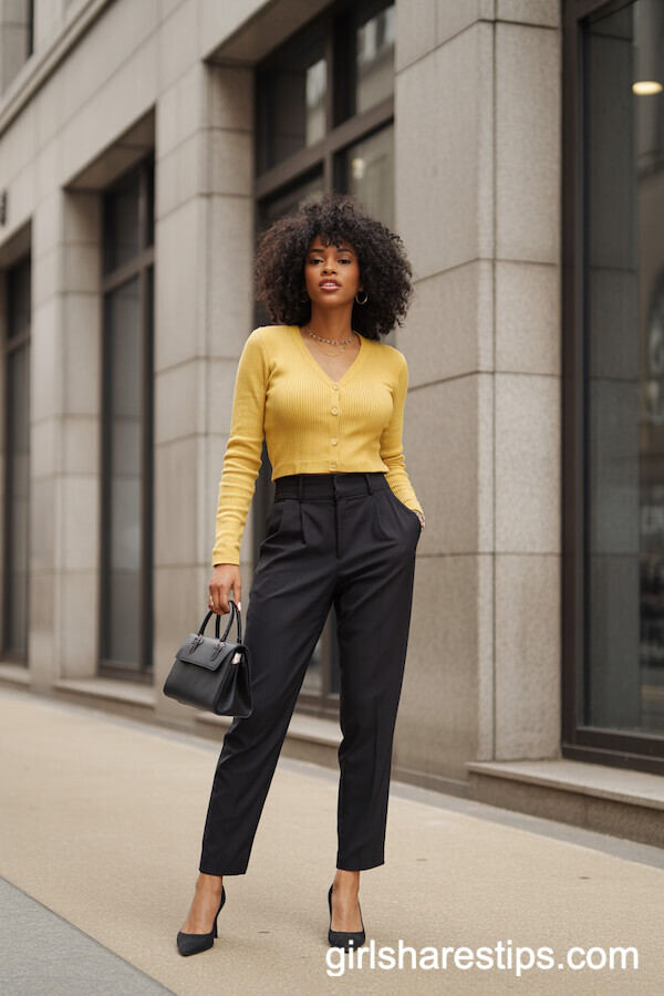 Fitted Yellow Cardigan with Black Tailored Trousers