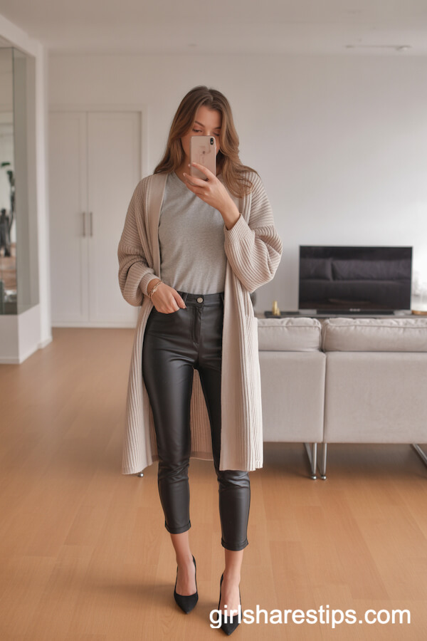 Light Beige Cardigan with Grey Tee and Fitted Ankle Pants