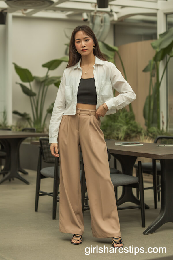 Crisp White Cropped Cardigan with Wide-Leg Pants