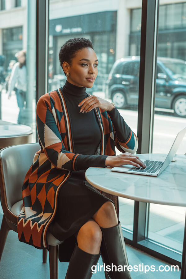 Bold Geometric Cardigan with Turtleneck Dress