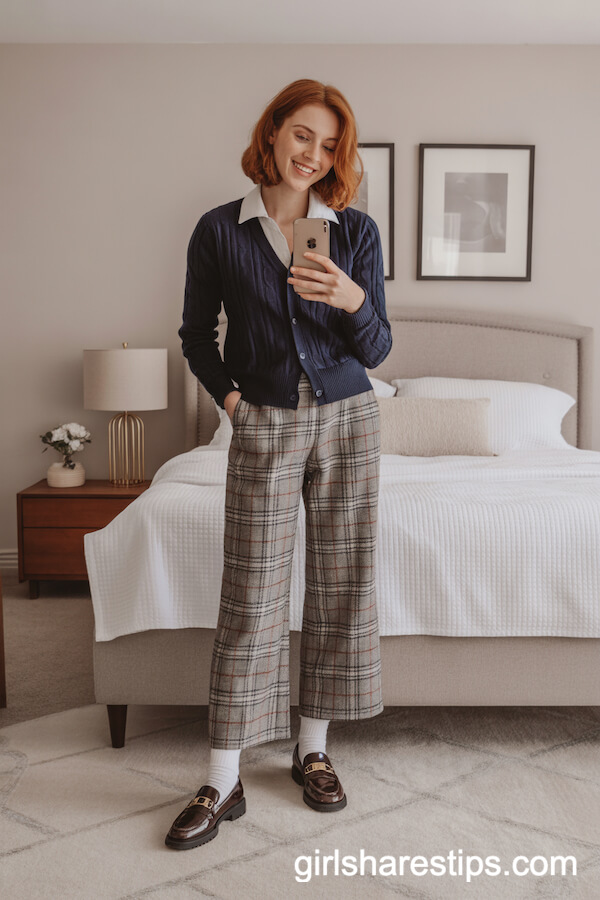 Navy Cardigan with Collared Shirt and Plaid Pants