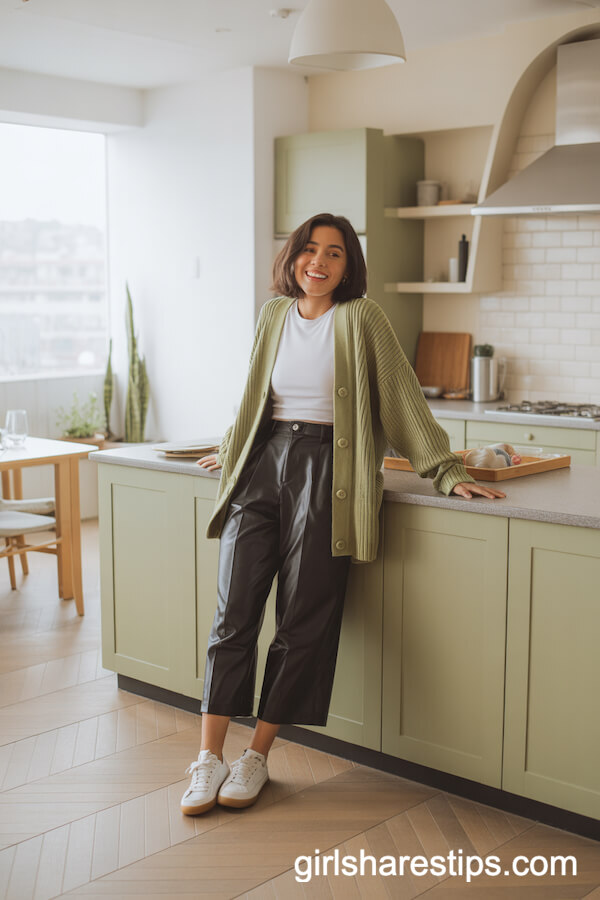 Oversized Sage Green Cardigan with Black Shorts