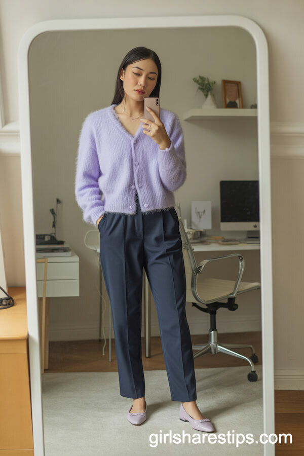 Fuzzy Pastel Purple Cardigan with Tailored Trousers