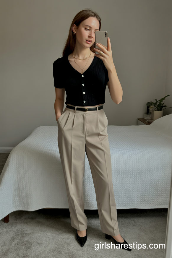 Black Cardigan And Tailored Trousers For A Clean Office Classic