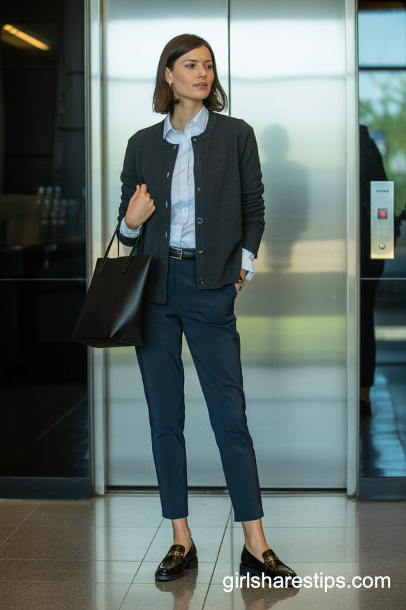 Layered Gray Cardigan Over White Shirt For Classic Corporate Style