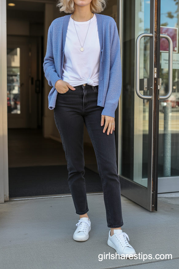 Heather Blue Cardigan With Black Jeans For Casual Office Days