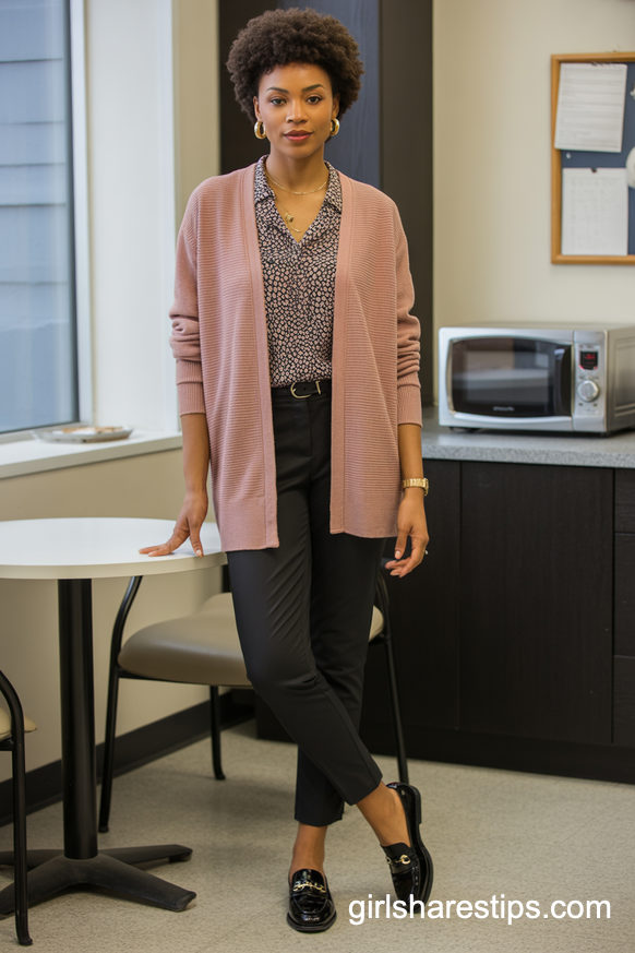 Dusty Rose Cardigan With Printed Blouse For Soft Professional Flair