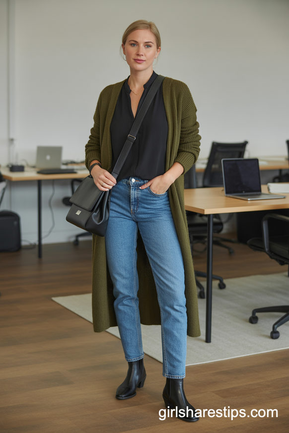 Olive Green Longline Cardigan With Slim Jeans For Casual-Professional Balance