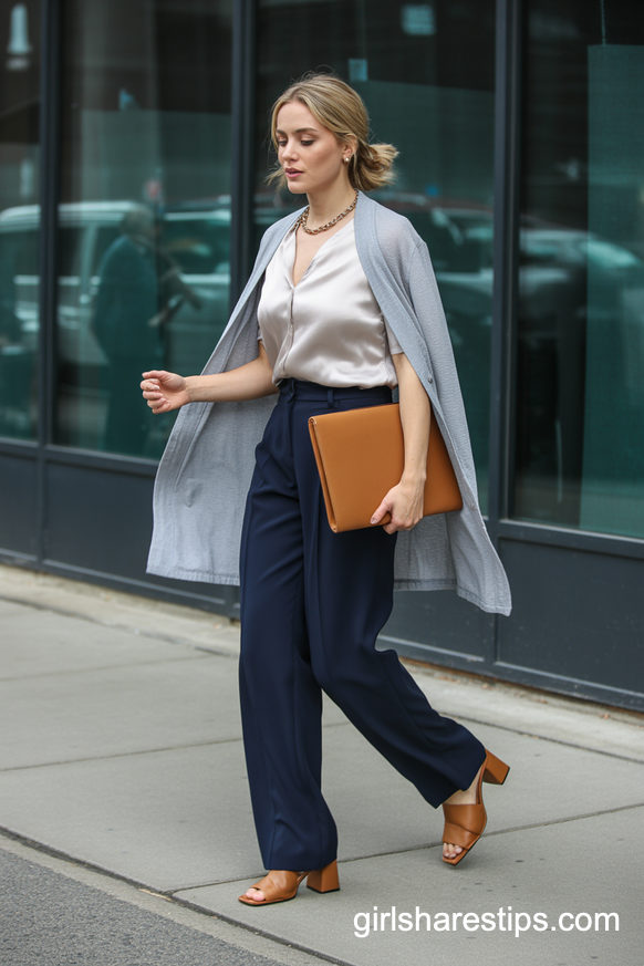 Light Gray Cardigan With Wide-Leg Trousers For Easy Power Dressing