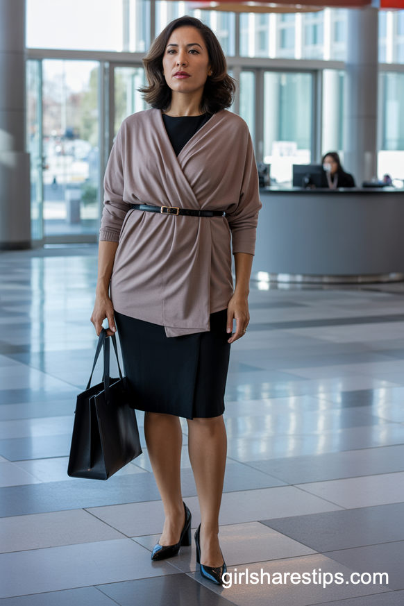 Taupe Wrap Cardigan Over A Sheath Dress For Streamlined Professional Style