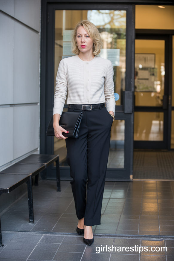 Cream Cardigan Power Look With Black Suit Pants