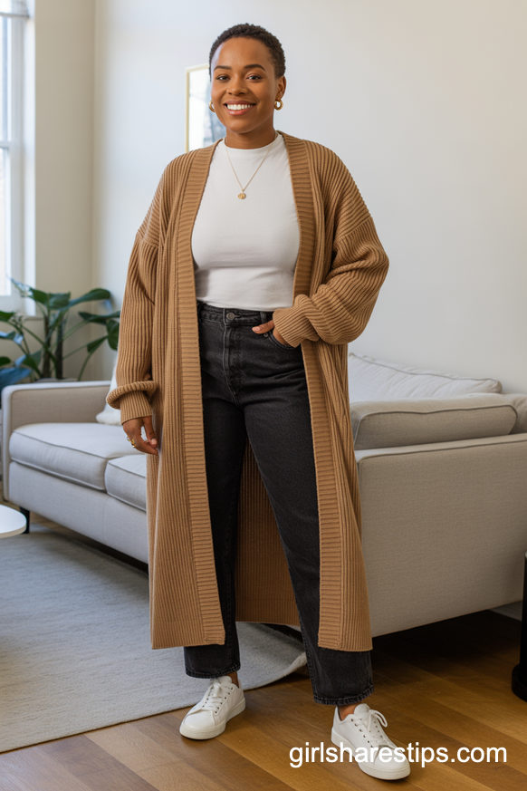 Camel Longline Cardigan With Dark Jeans For Smart Casual Workdays