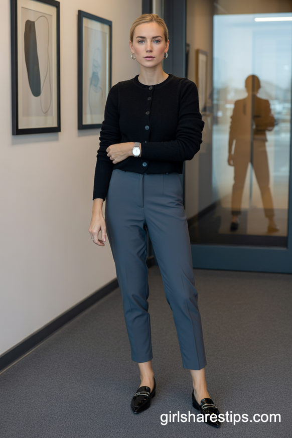 Black Knit Cardigan With Charcoal Trousers For Sleek Everyday Office Style
