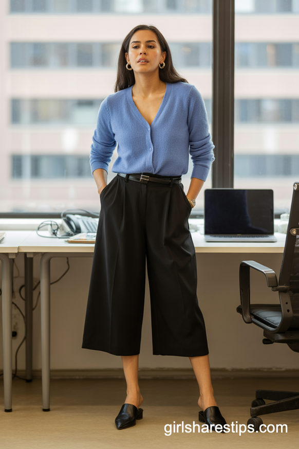Light Blue Cardigan With Culottes For Polished Comfort