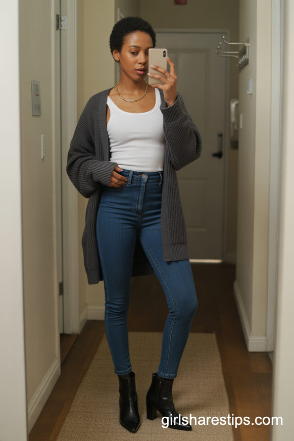 Chunky Gray Cardigan With Skinny Jeans For Casual Fridays