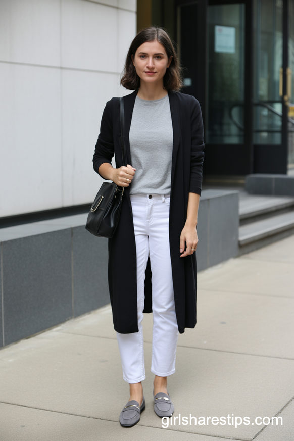 Long Black Cardigan Over White Jeans For Modern Minimal Style