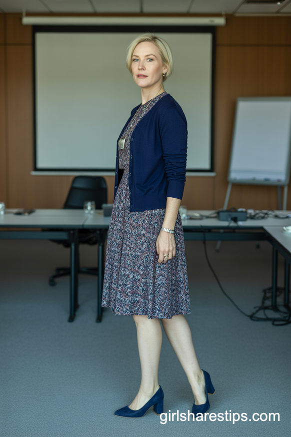 Navy Cardigan Over A Floral Dress For Presentation Days