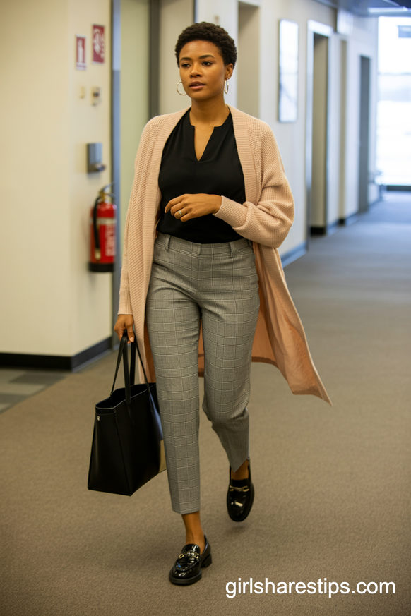 Oatmeal Cardigan With Plaid Trousers For Effortless Office Neutrality