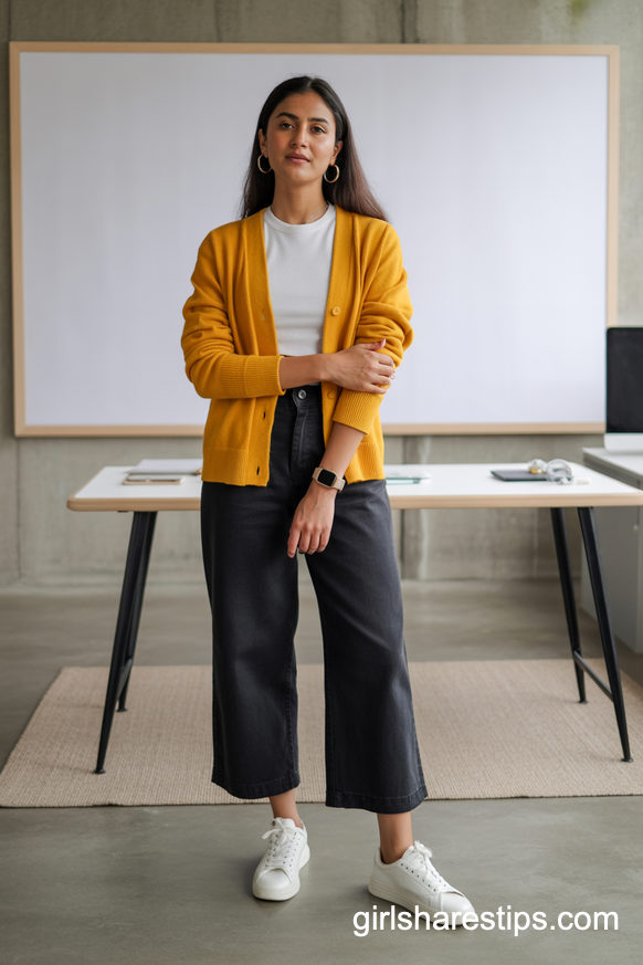 Mustard Yellow Cardigan With Cropped Pants For A Creative Pop Of Color