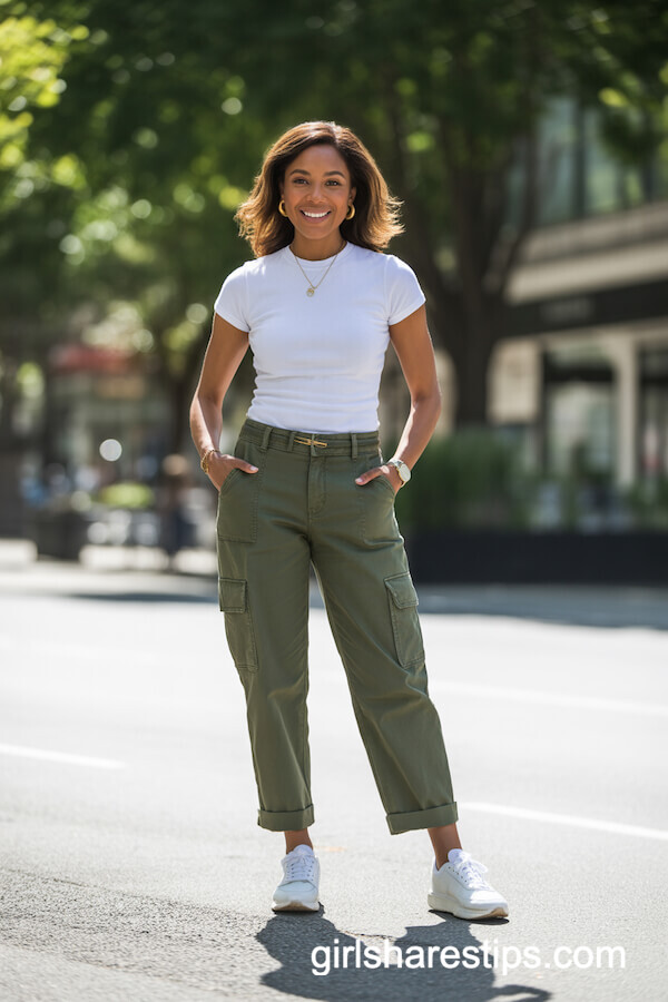 Olive Green Cargo Pants with White Tee and Gold Jewelry