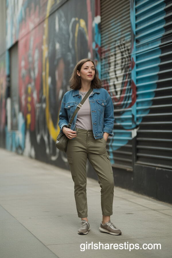 Olive Cargo Pants with Denim Jacket for Cool Streetwear
