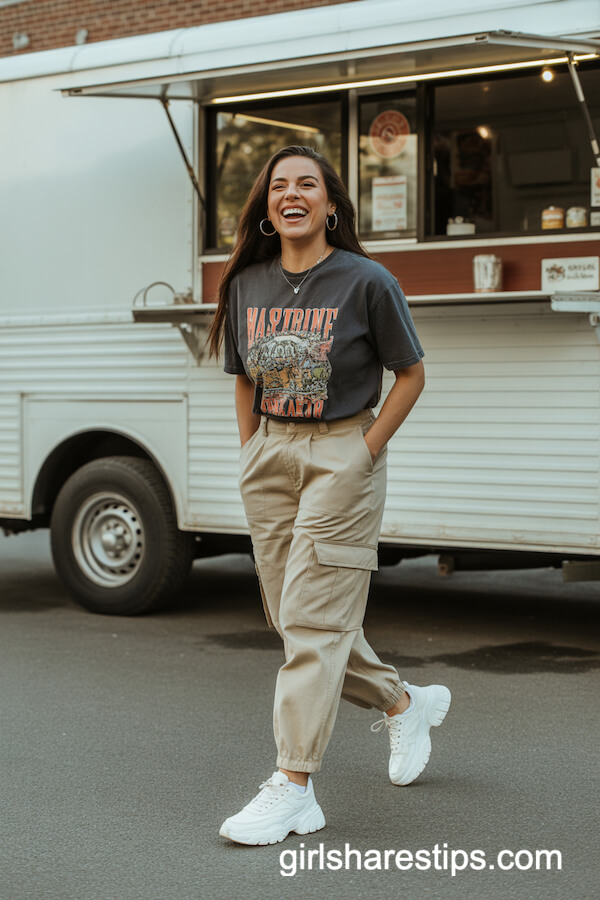 Khaki Cargo Pants with Graphic Tee for an Energetic Vibe