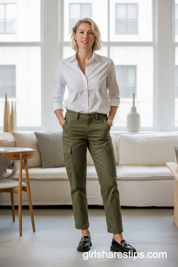 Olive Cargo Pants with White Button-Up for a Minimalist Style