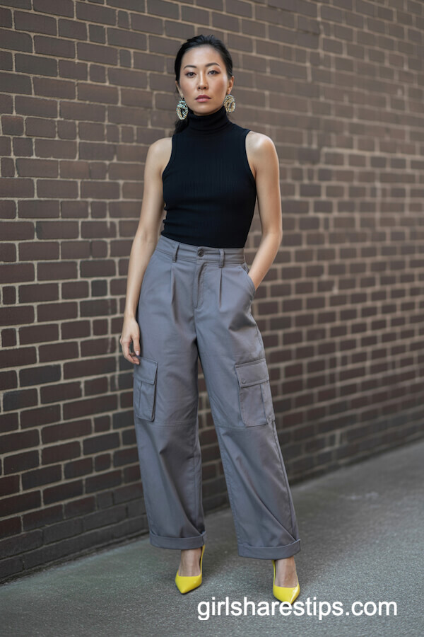 Gray Cargo Pants with Black Turtleneck for Editorial Fashion